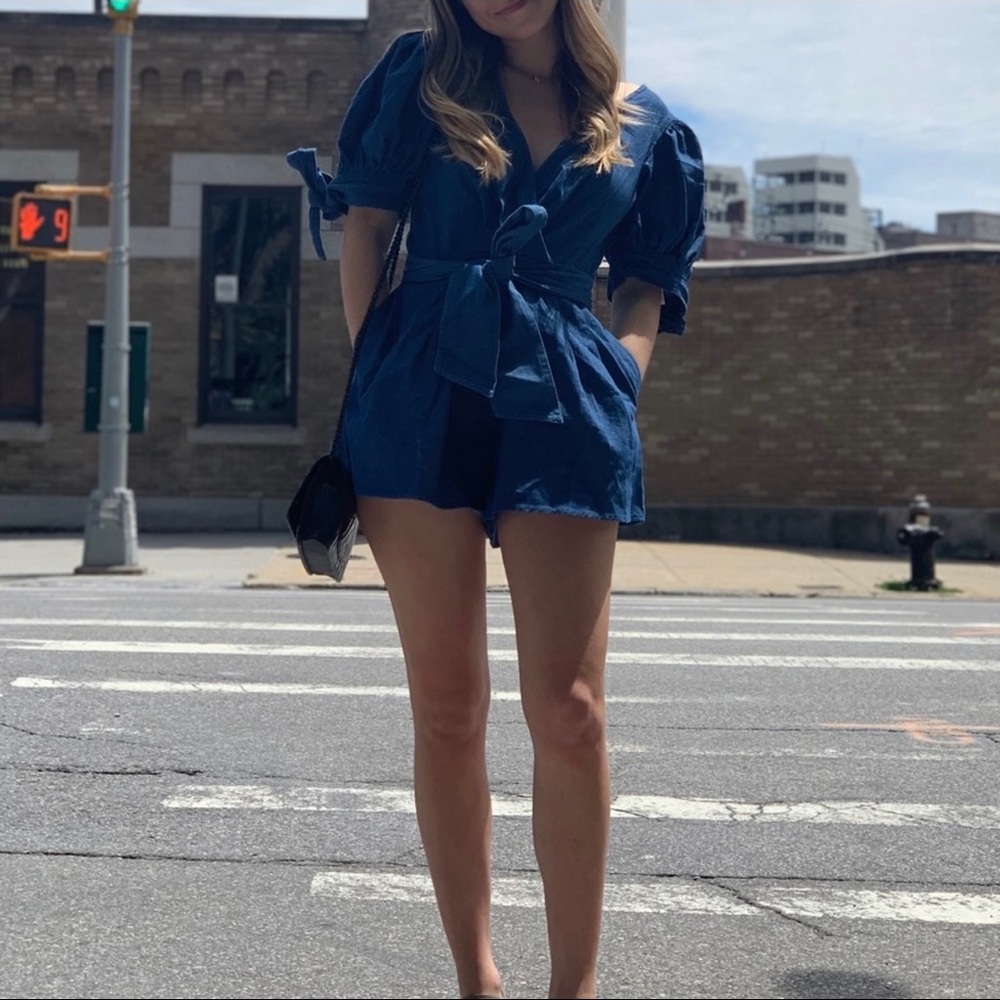 C/MEO Collective Kind to you Romper Puff Sleeve Cross Back Romper in Indigo - Picture 6 of 14